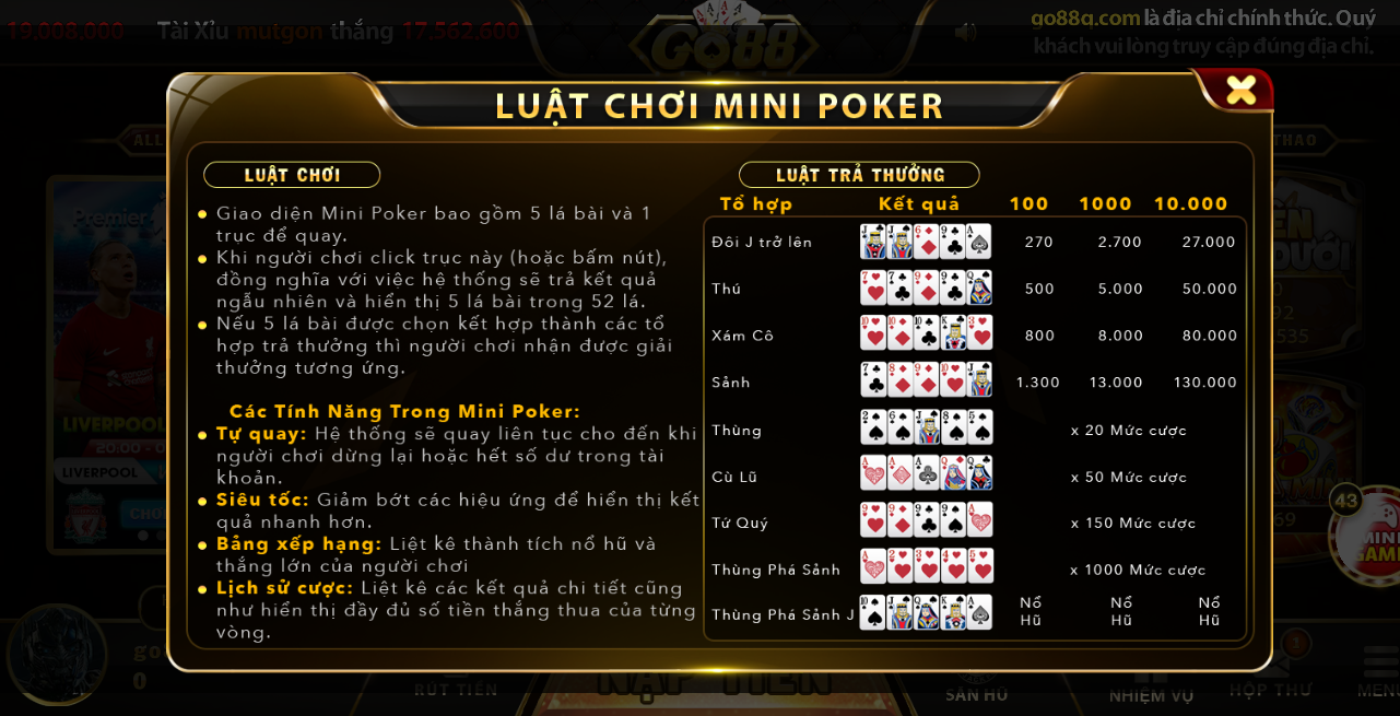 Những nét chính về game cá cược mini poker tải Go88 